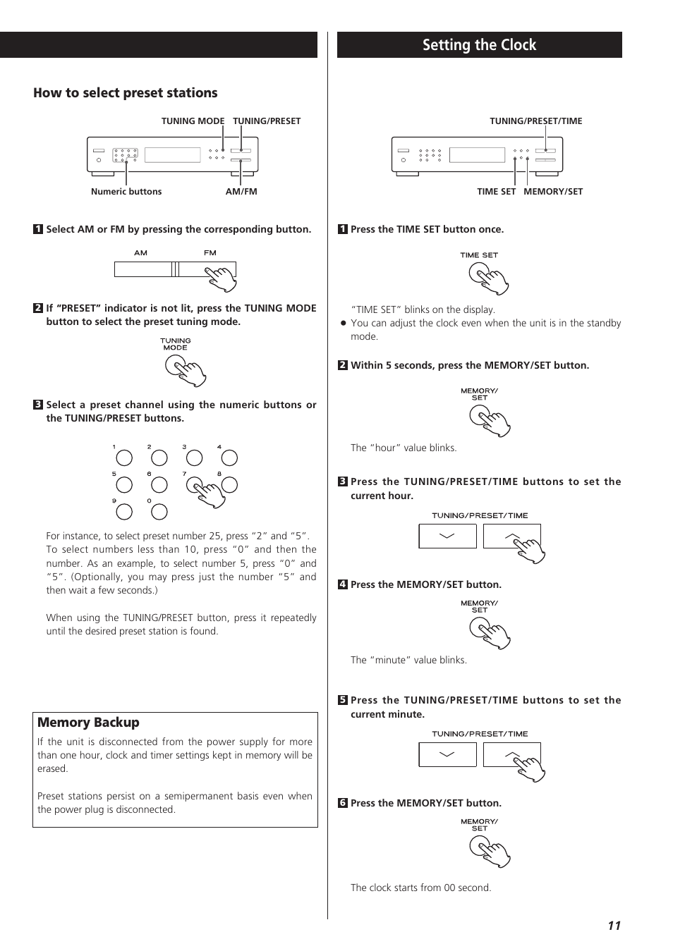 Setting the clock, How to select preset stations | Teac T-R680RS User Manual | Page 11 / 16