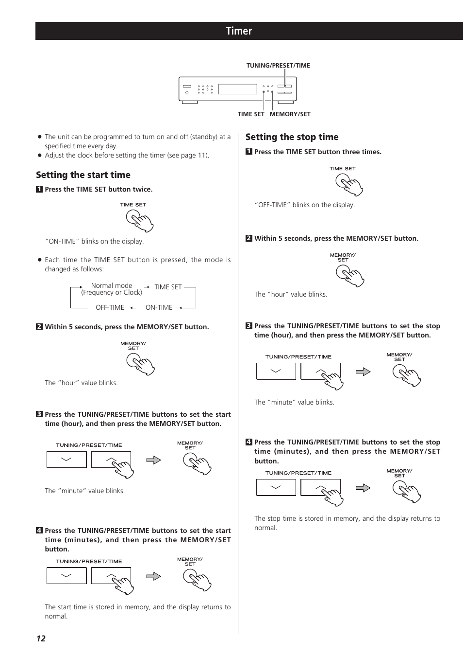 Timer, Setting the start time, Setting the stop time | Teac T-R680RS User Manual | Page 12 / 16