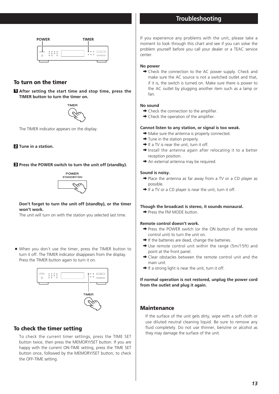 Troubleshooting, Maintenance | Teac T-R680RS User Manual | Page 13 / 16