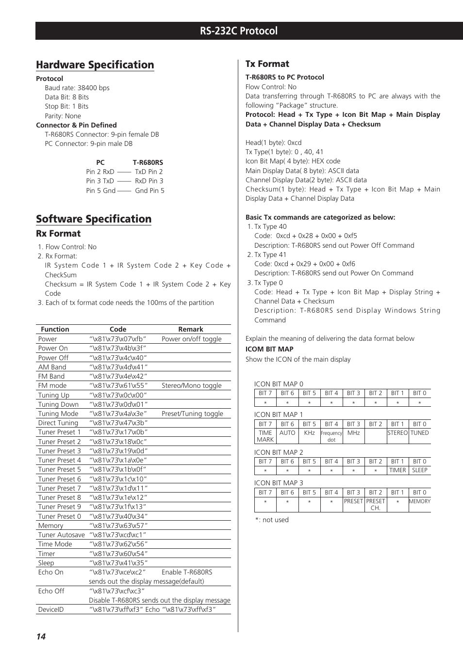 Rs-232c protocol, Hardware specification, Software specification | Rx format, Tx format | Teac T-R680RS User Manual | Page 14 / 16