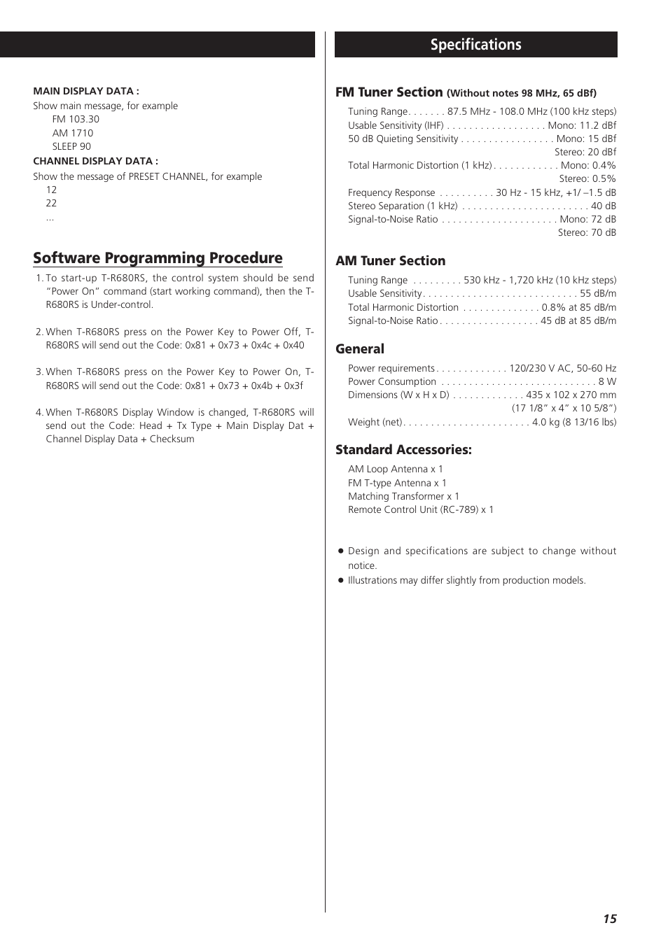 Specifications, Software programming procedure, General | Standard accessories | Teac T-R680RS User Manual | Page 15 / 16