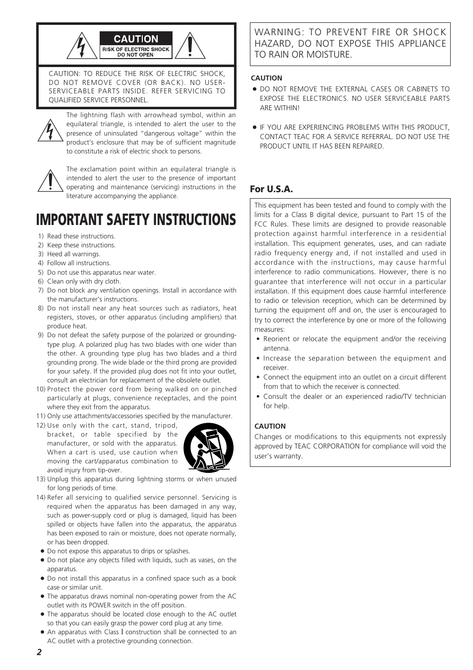 Important safety instructions, For u.s.a | Teac T-R680RS User Manual | Page 2 / 16