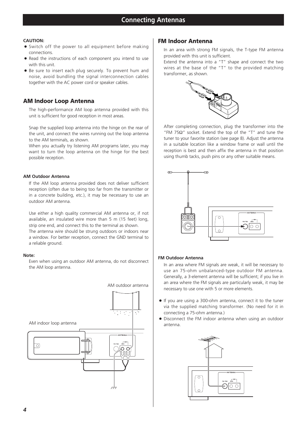 Connecting antennas, Fm indoor antenna, Am indoor loop antenna | Teac T-R680RS User Manual | Page 4 / 16