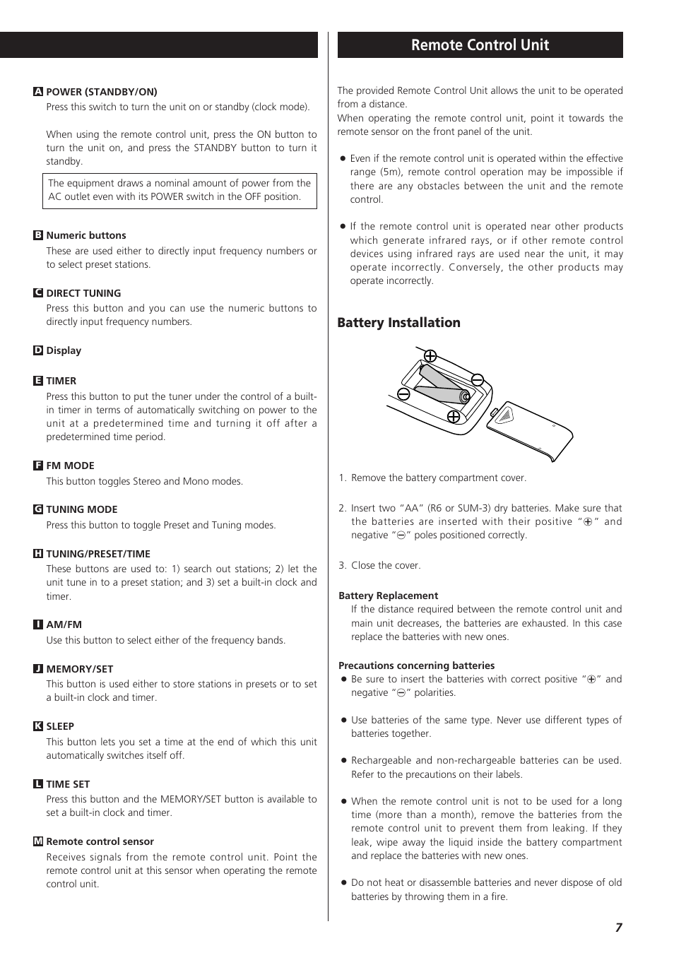 Remote control unit, Battery installation | Teac T-R680RS User Manual | Page 7 / 16