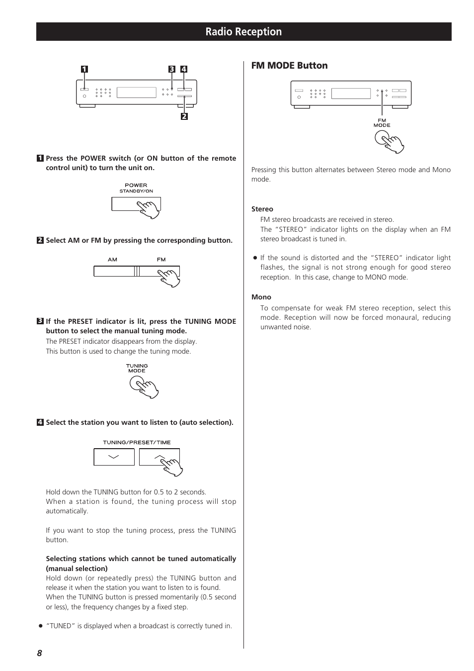 Radio reception, Fm mode button | Teac T-R680RS User Manual | Page 8 / 16