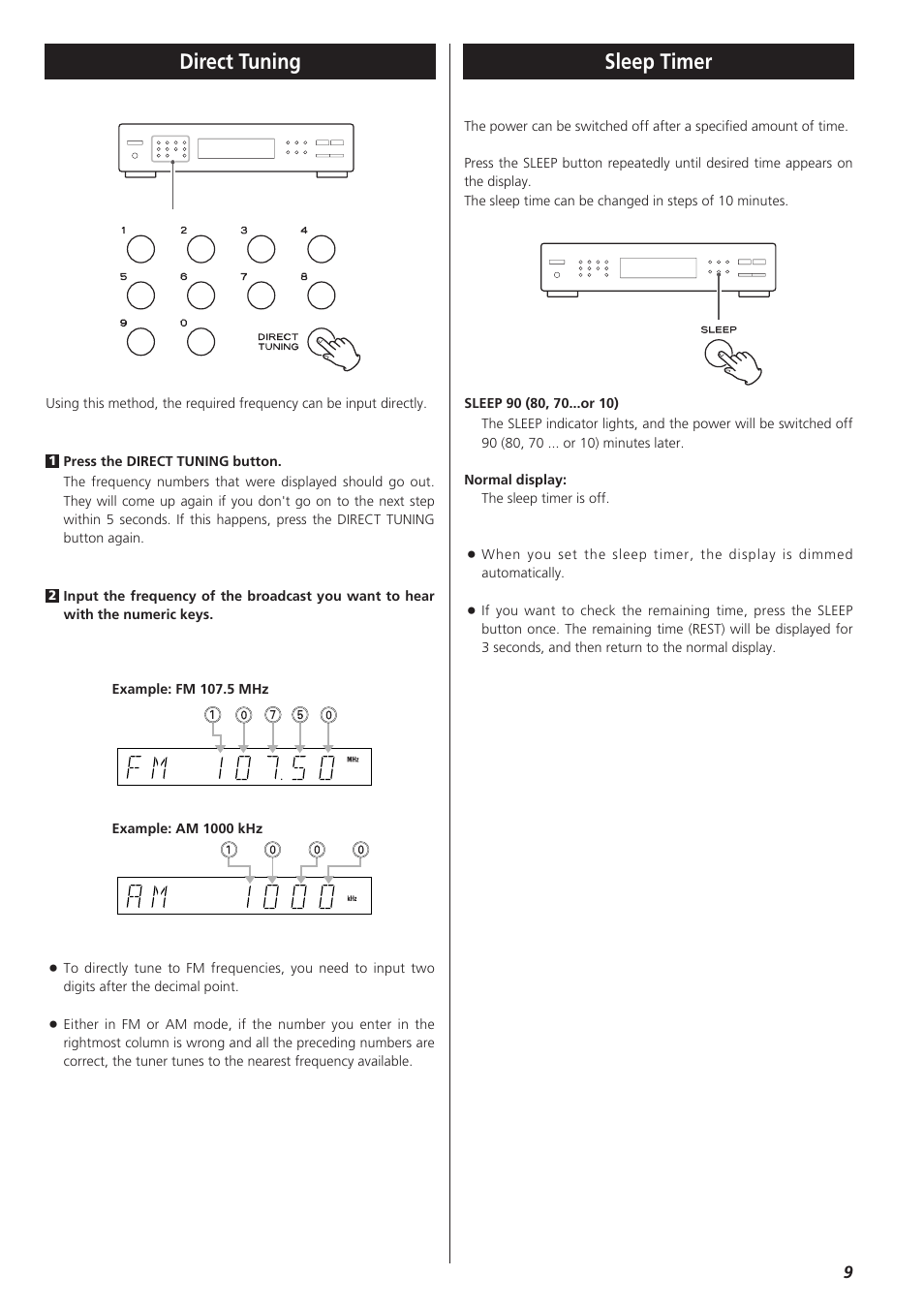 Direct tuning, Sleep timer | Teac T-R680RS User Manual | Page 9 / 16