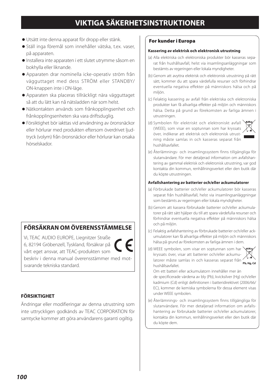 Svenska, Viktiga säkerhetsinstruktioner, Försäkran om överensstämmelse | Teac TN-300 User Manual | Page 100 / 116