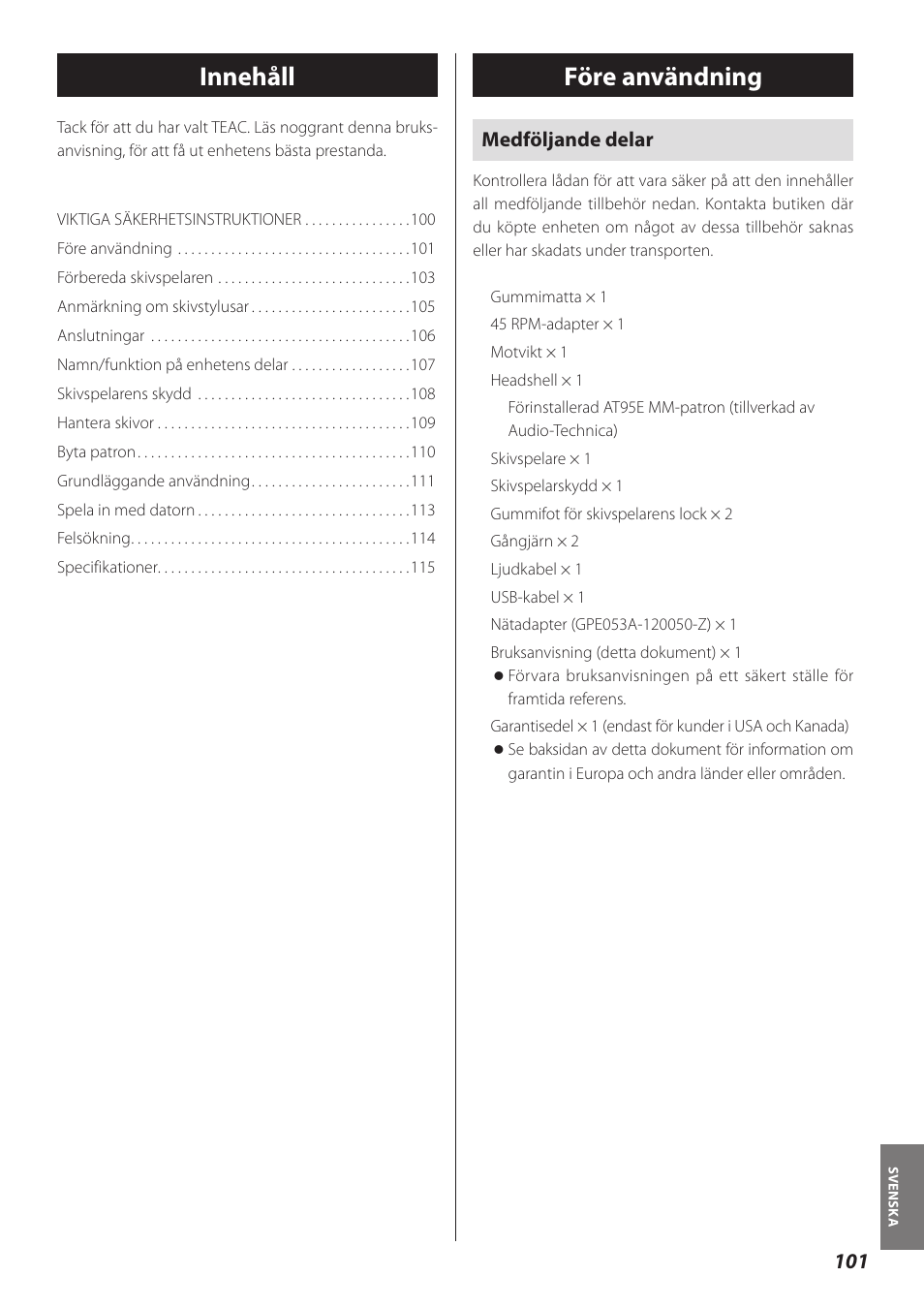 Före användning, Innehåll | Teac TN-300 User Manual | Page 101 / 116