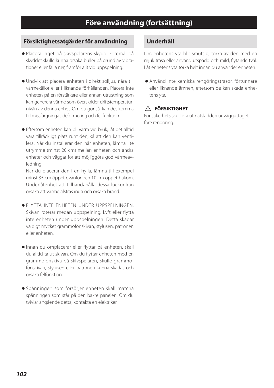 Före användning (fortsättning) | Teac TN-300 User Manual | Page 102 / 116