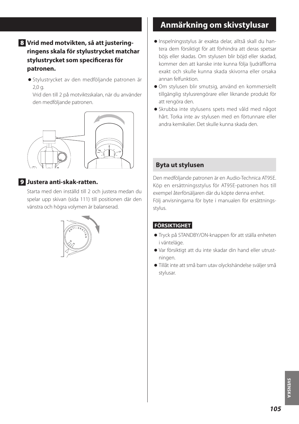 Anmärkning om skivstylusar, Byta ut stylusen, 9justera anti-skak-ratten | Teac TN-300 User Manual | Page 105 / 116