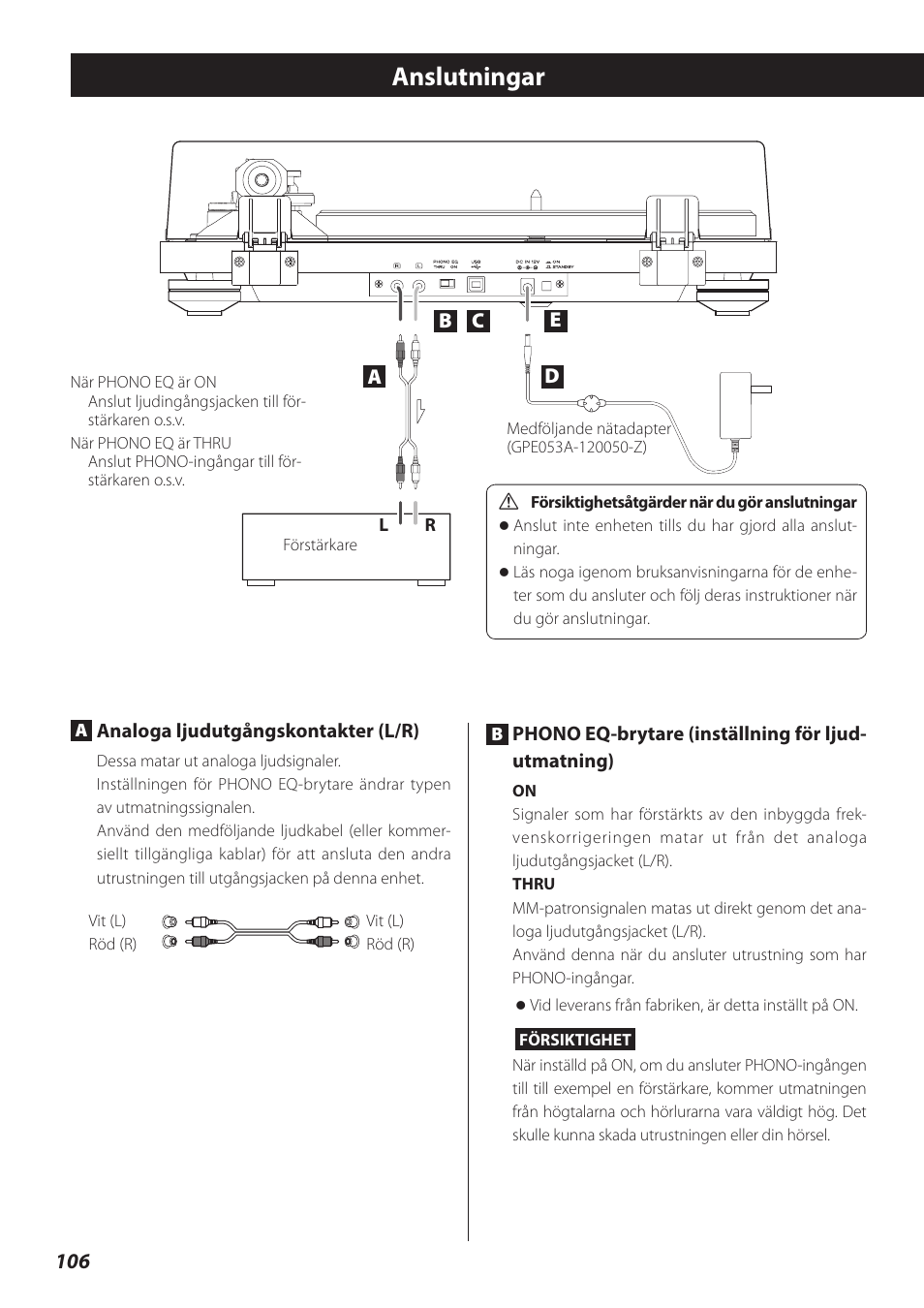 Anslutningar | Teac TN-300 User Manual | Page 106 / 116