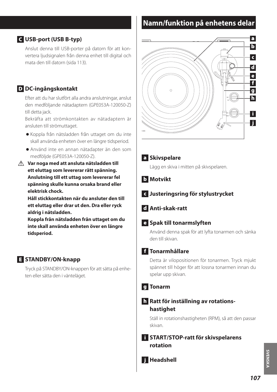 Namn/funktion på enhetens delar | Teac TN-300 User Manual | Page 107 / 116