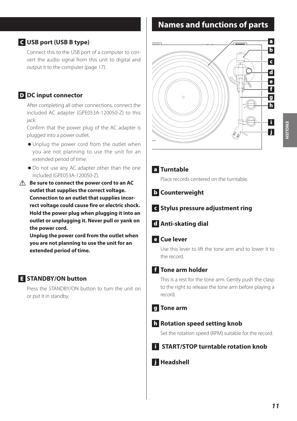 Names and functions of parts | Teac TN-300 User Manual | Page 11 / 116