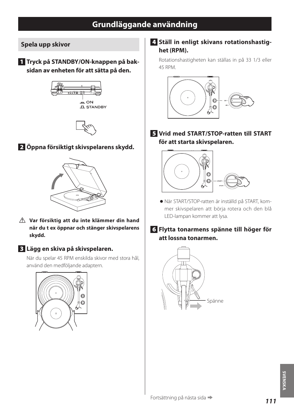 Grundläggande användning, Spela upp skivor, 3lägg en skiva på skivspelaren | Teac TN-300 User Manual | Page 111 / 116