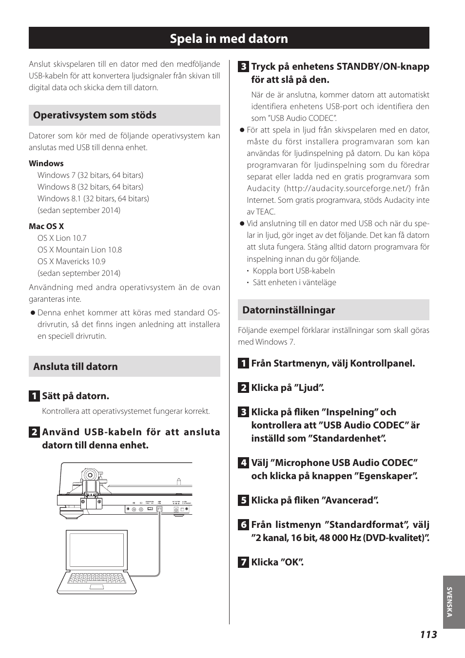 Spela in med datorn | Teac TN-300 User Manual | Page 113 / 116