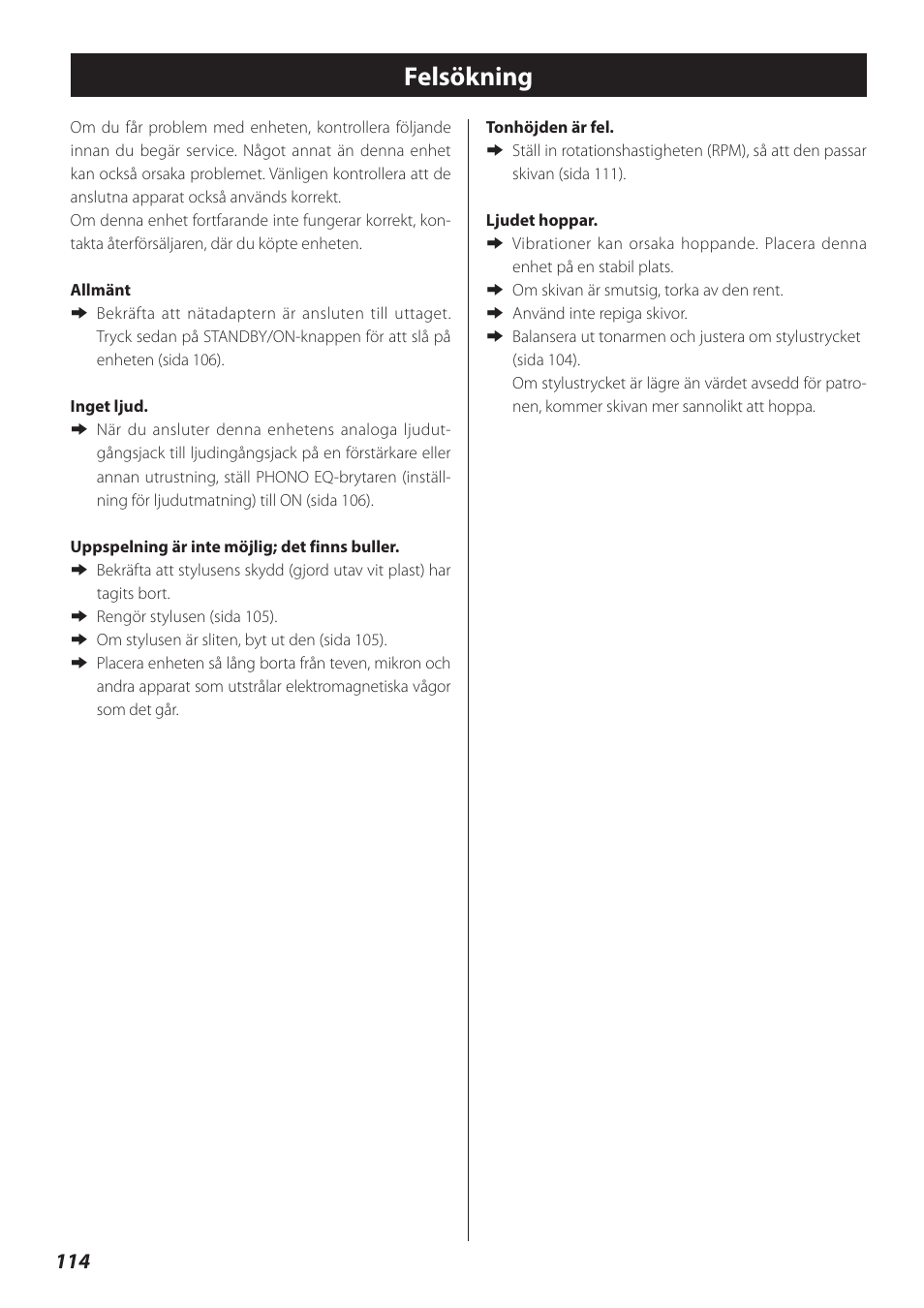 Felsökning | Teac TN-300 User Manual | Page 114 / 116