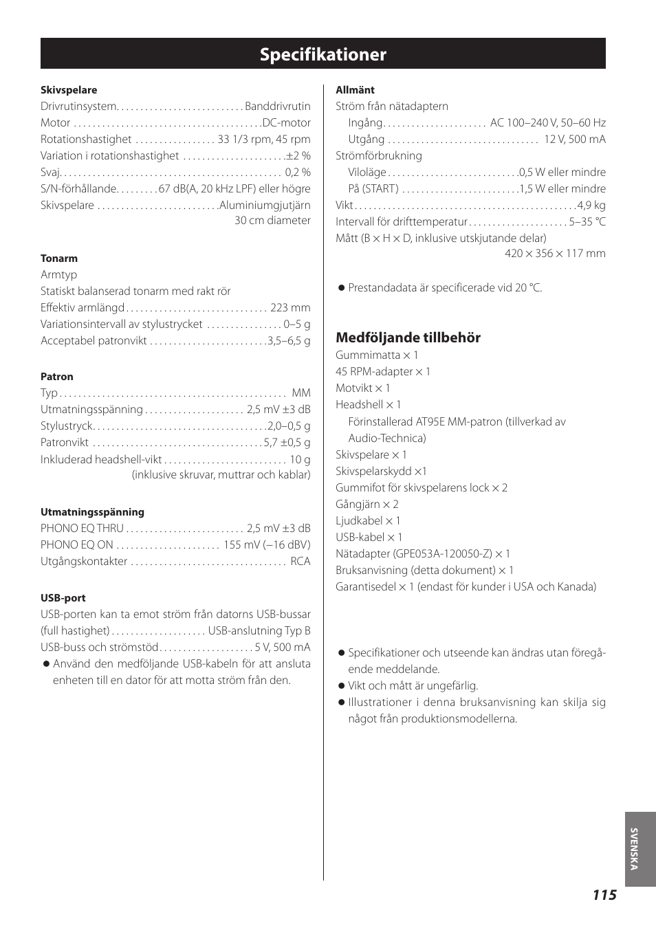 Specifikationer, Medföljande tillbehör | Teac TN-300 User Manual | Page 115 / 116