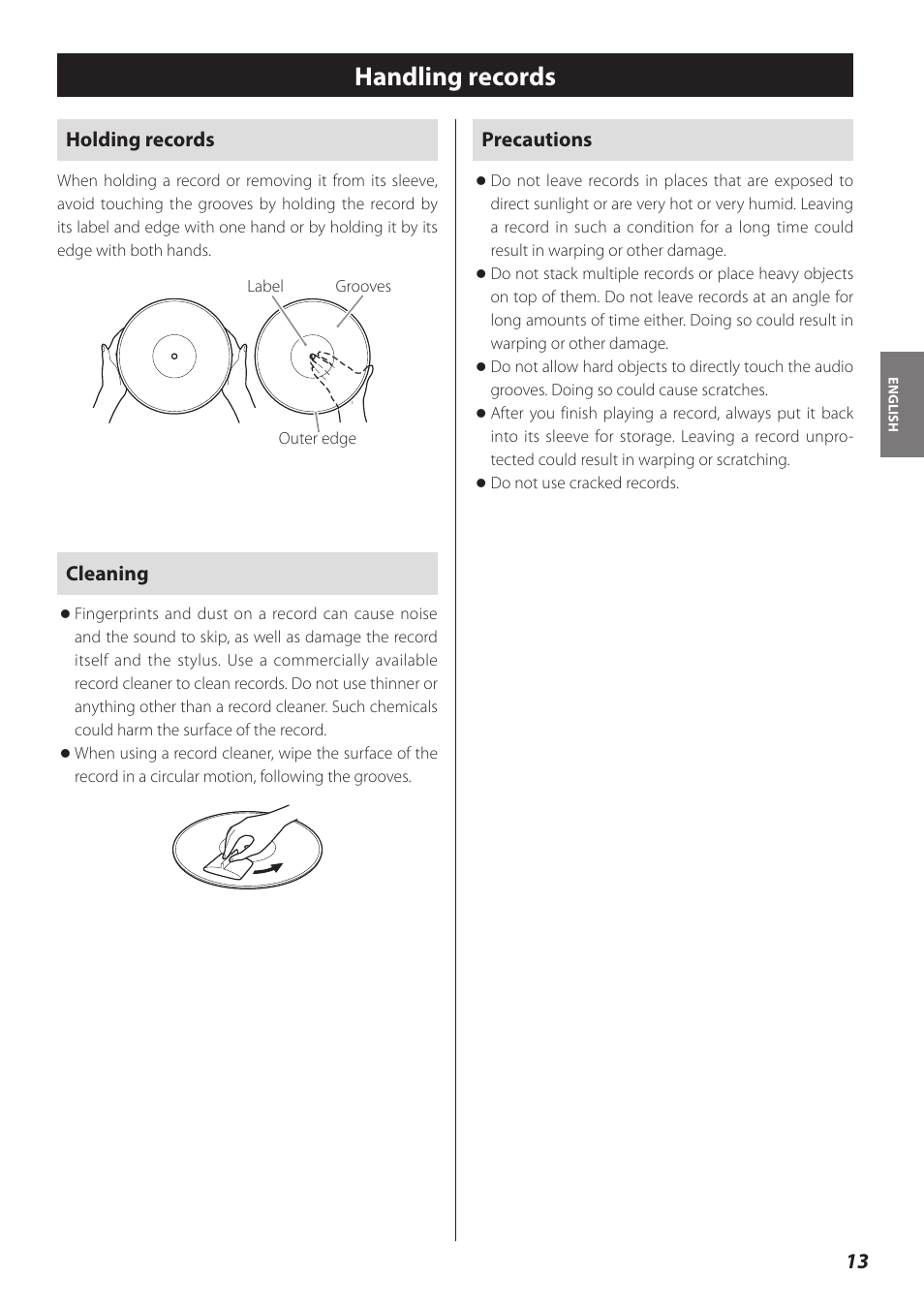 Handling records, Holding records, Cleaning | Precautions | Teac TN-300 User Manual | Page 13 / 116