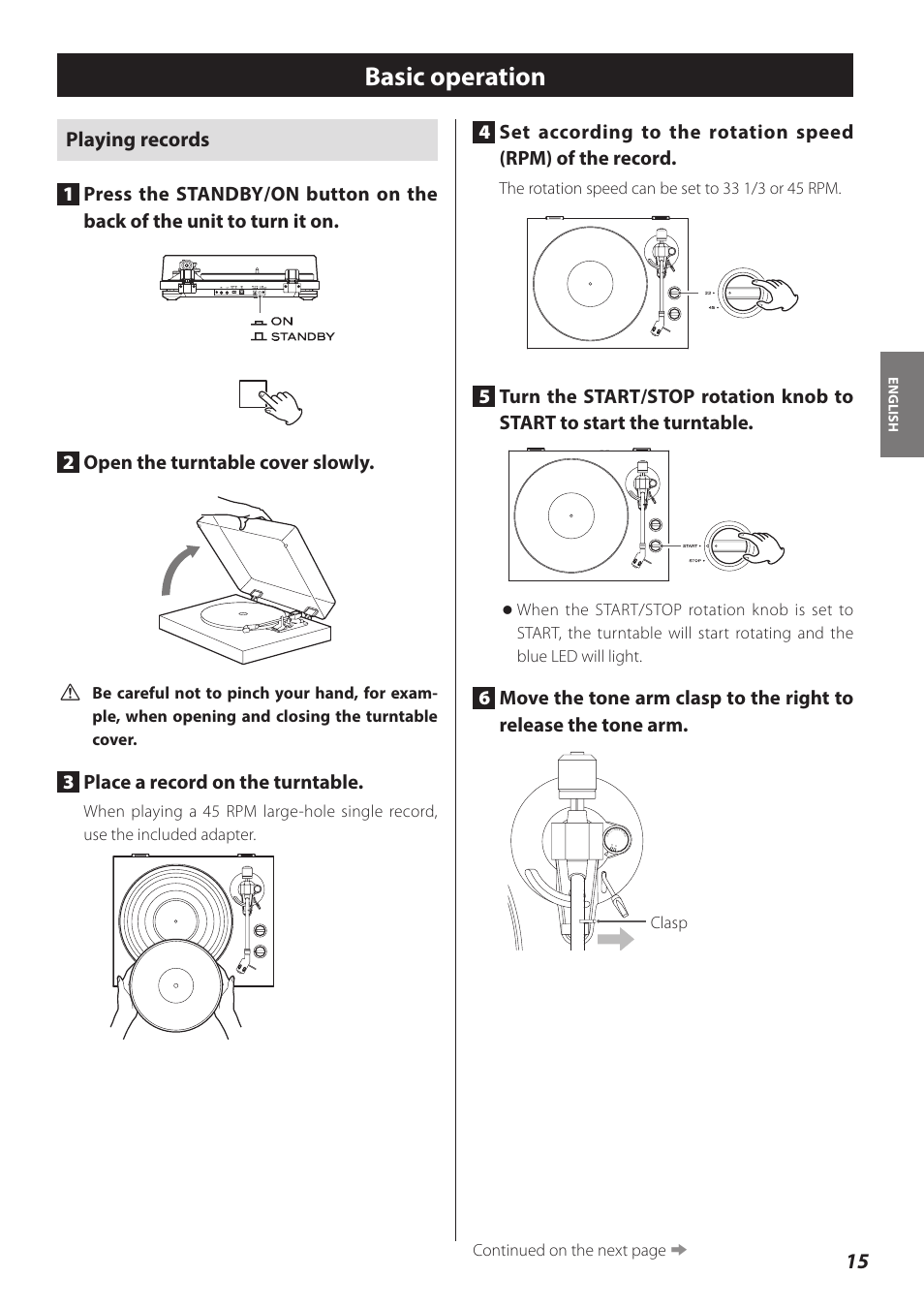 Basic operation, Playing records, 3place a record on the turntable | Teac TN-300 User Manual | Page 15 / 116