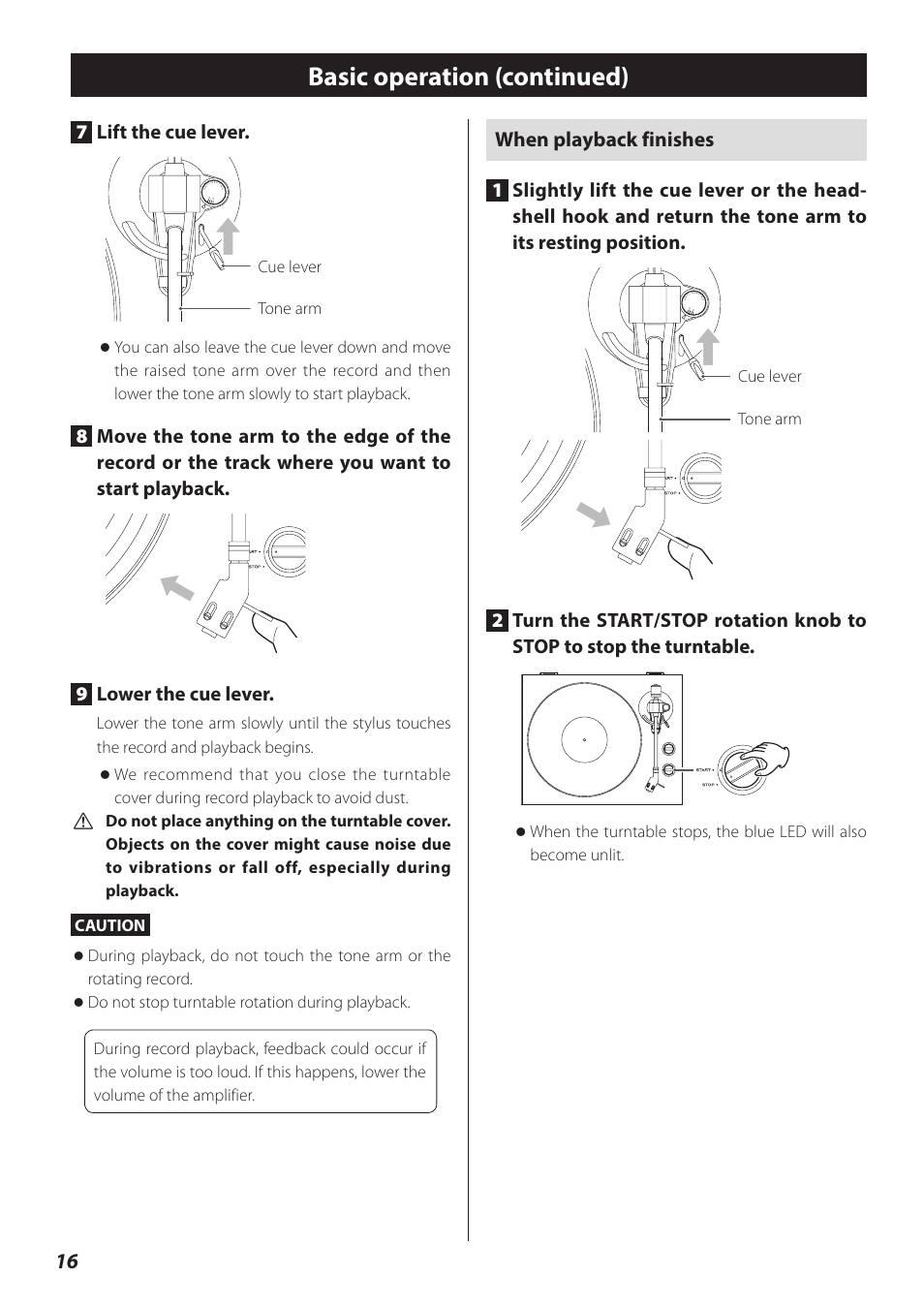 Basic operation (continued), When playback finishes, 7lift the cue lever | Teac TN-300 User Manual | Page 16 / 116