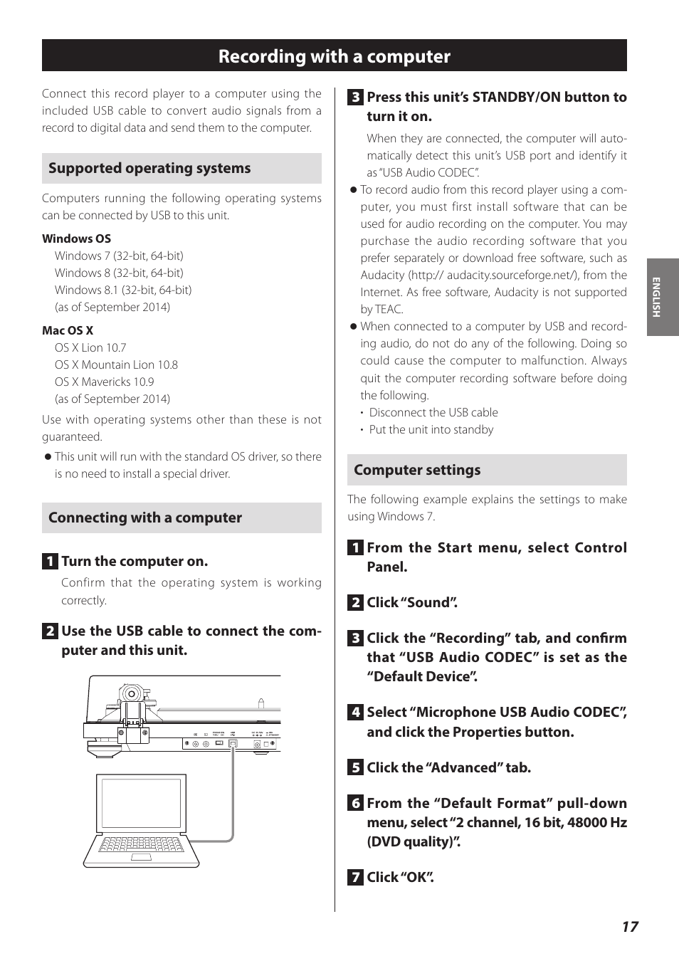 Recording with a computer | Teac TN-300 User Manual | Page 17 / 116