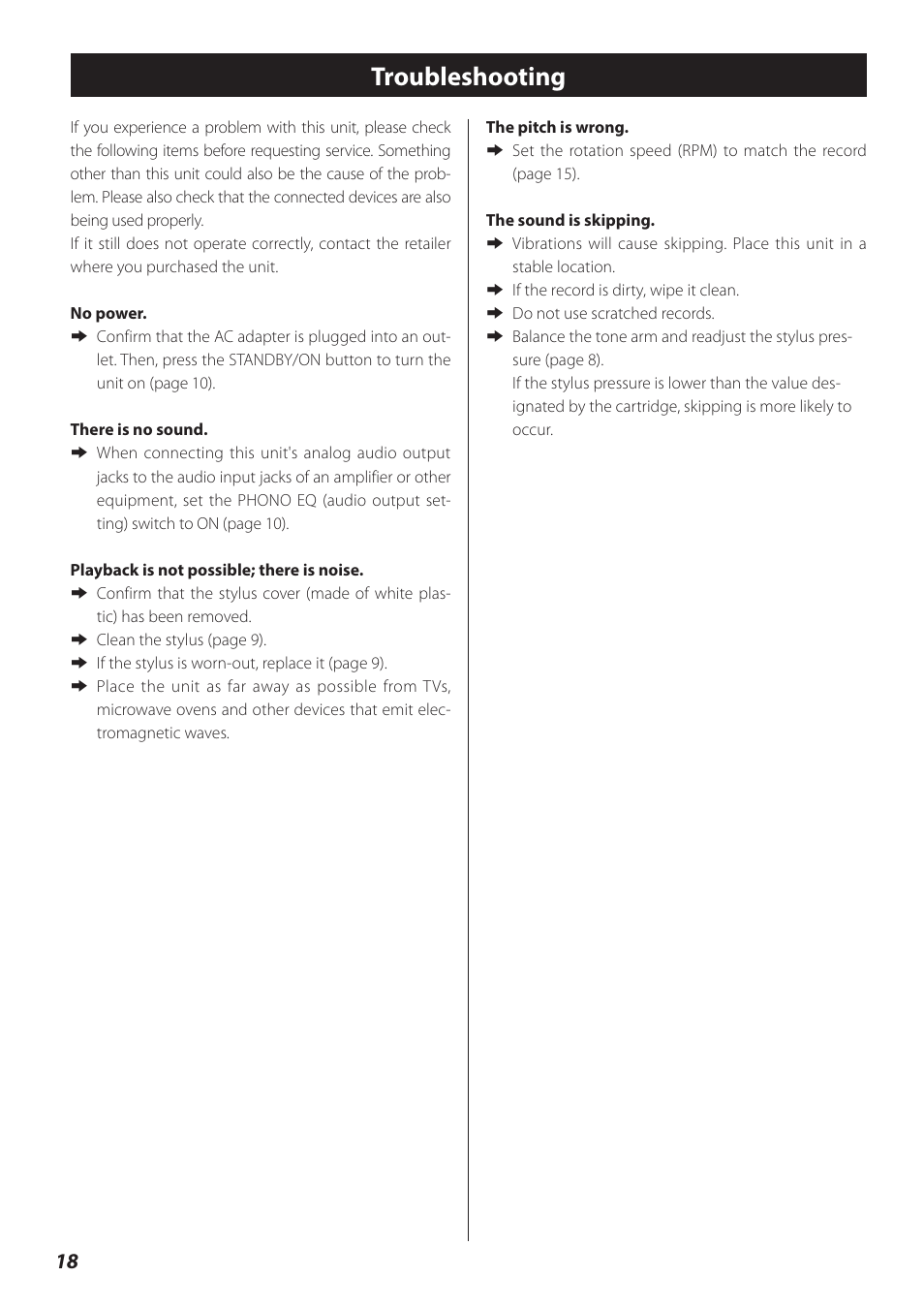 Troubleshooting | Teac TN-300 User Manual | Page 18 / 116