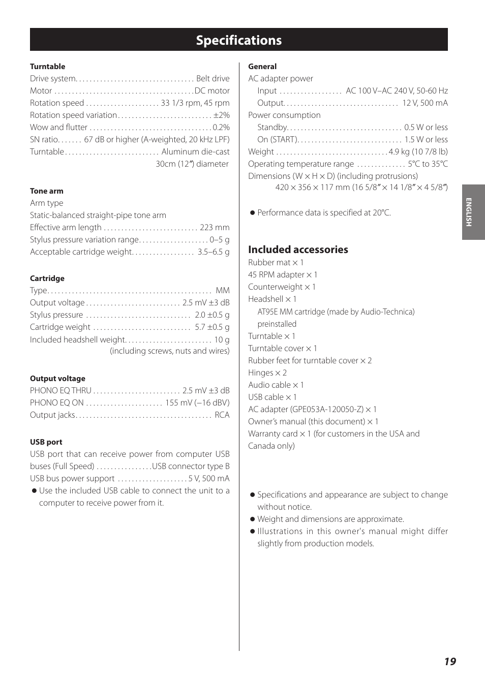 Specifications, Included accessories | Teac TN-300 User Manual | Page 19 / 116