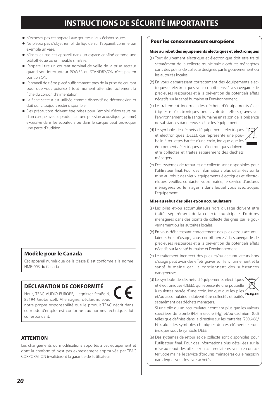 Français, Instructions de sécurité importantes, Modèle pour le canada | Déclaration de conformité | Teac TN-300 User Manual | Page 20 / 116