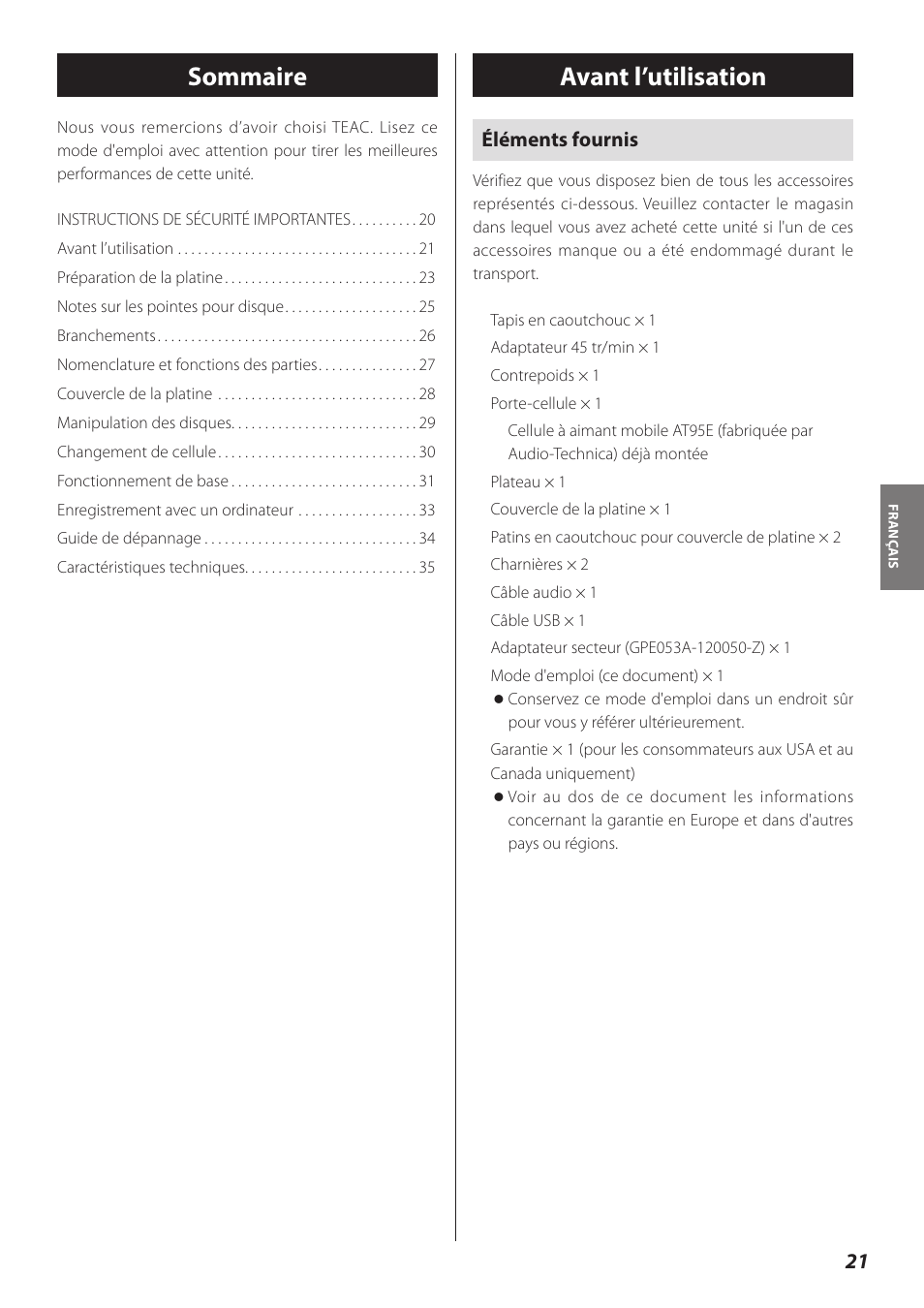 Avant l’utilisation, Sommaire, Éléments fournis | Teac TN-300 User Manual | Page 21 / 116