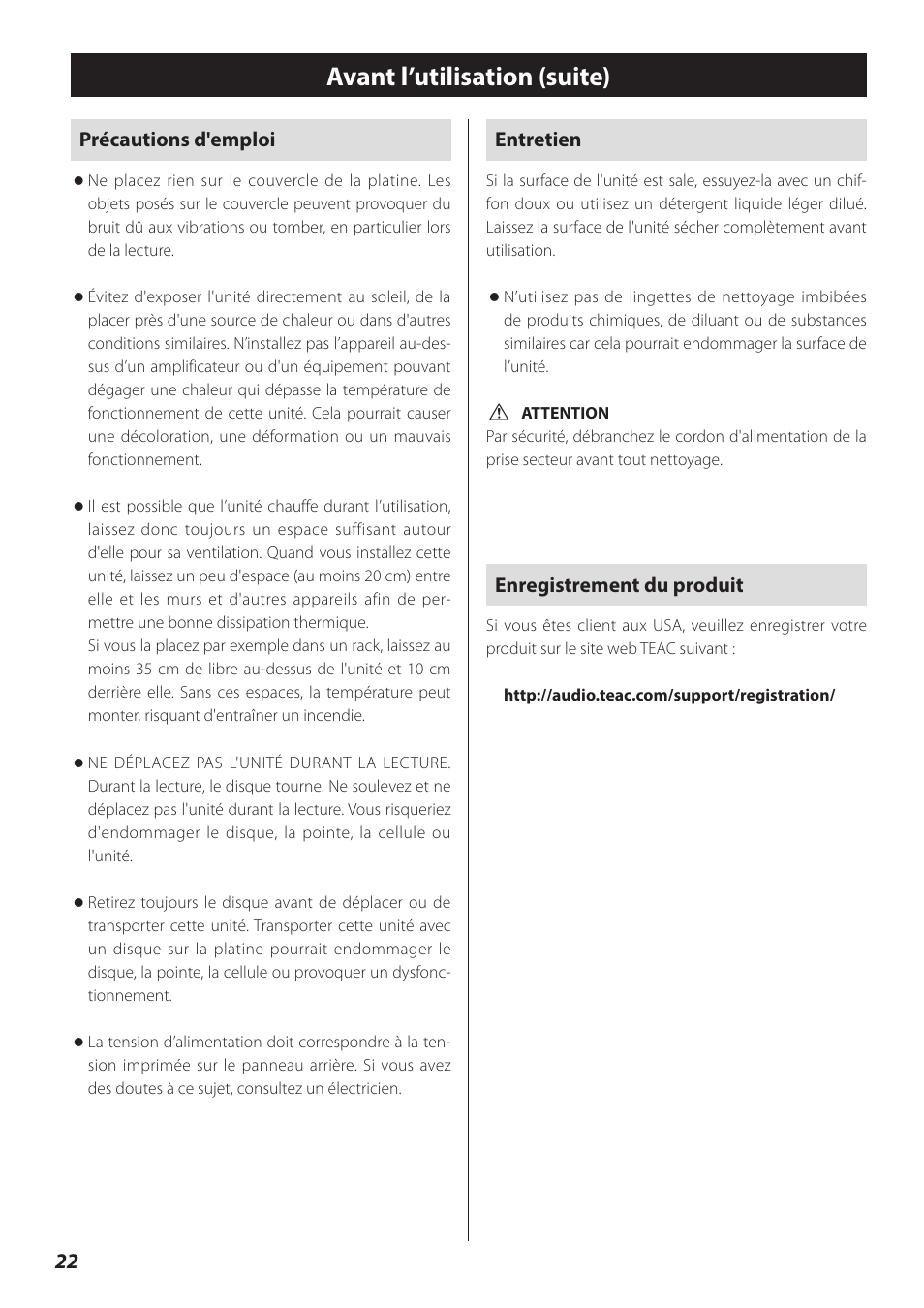 Avant l’utilisation (suite) | Teac TN-300 User Manual | Page 22 / 116