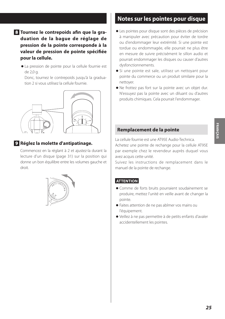 Notes sur les pointes pour disque, Remplacement de la pointe, 9réglez la molette d'antipatinage | Teac TN-300 User Manual | Page 25 / 116