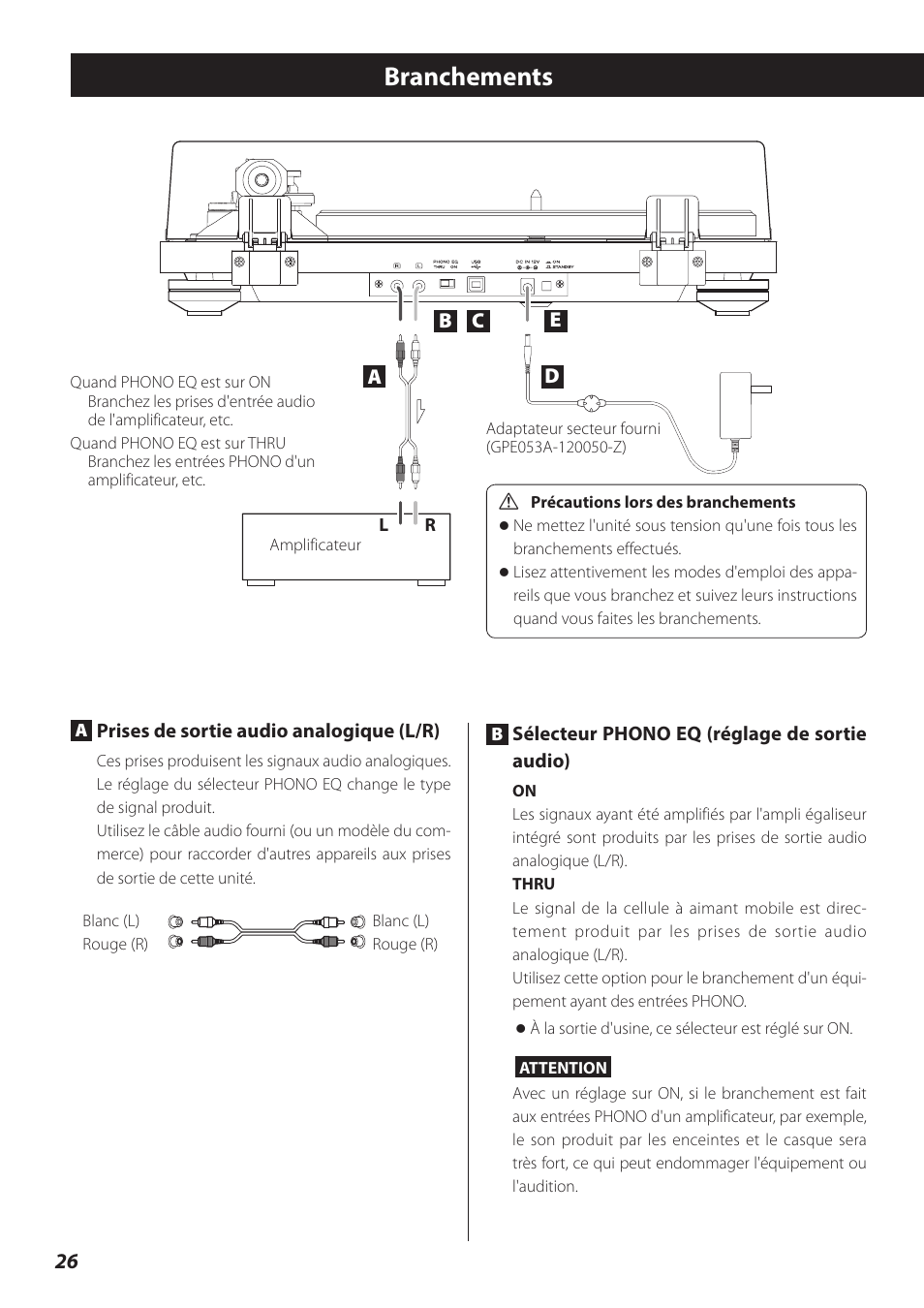 Branchements | Teac TN-300 User Manual | Page 26 / 116