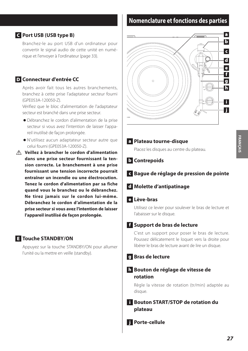 Nomenclature et fonctions des parties | Teac TN-300 User Manual | Page 27 / 116