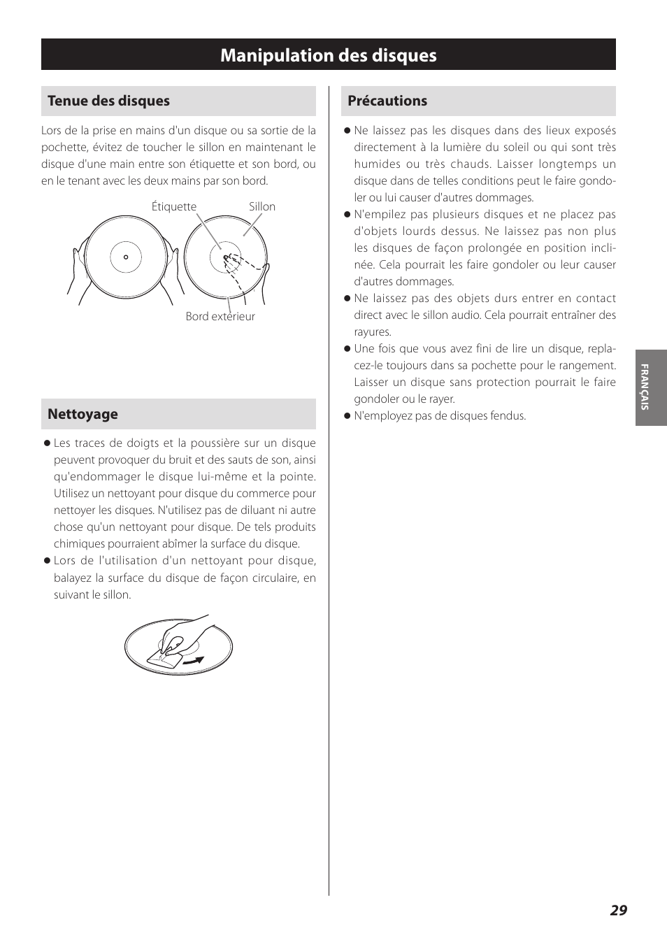 Manipulation des disques, Tenue des disques, Nettoyage | Précautions | Teac TN-300 User Manual | Page 29 / 116