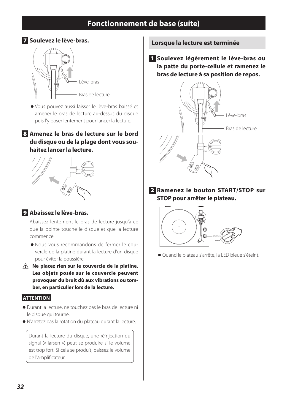 Fonctionnement de base (suite), Lorsque la lecture est terminée, 7soulevez le lève-bras | Teac TN-300 User Manual | Page 32 / 116