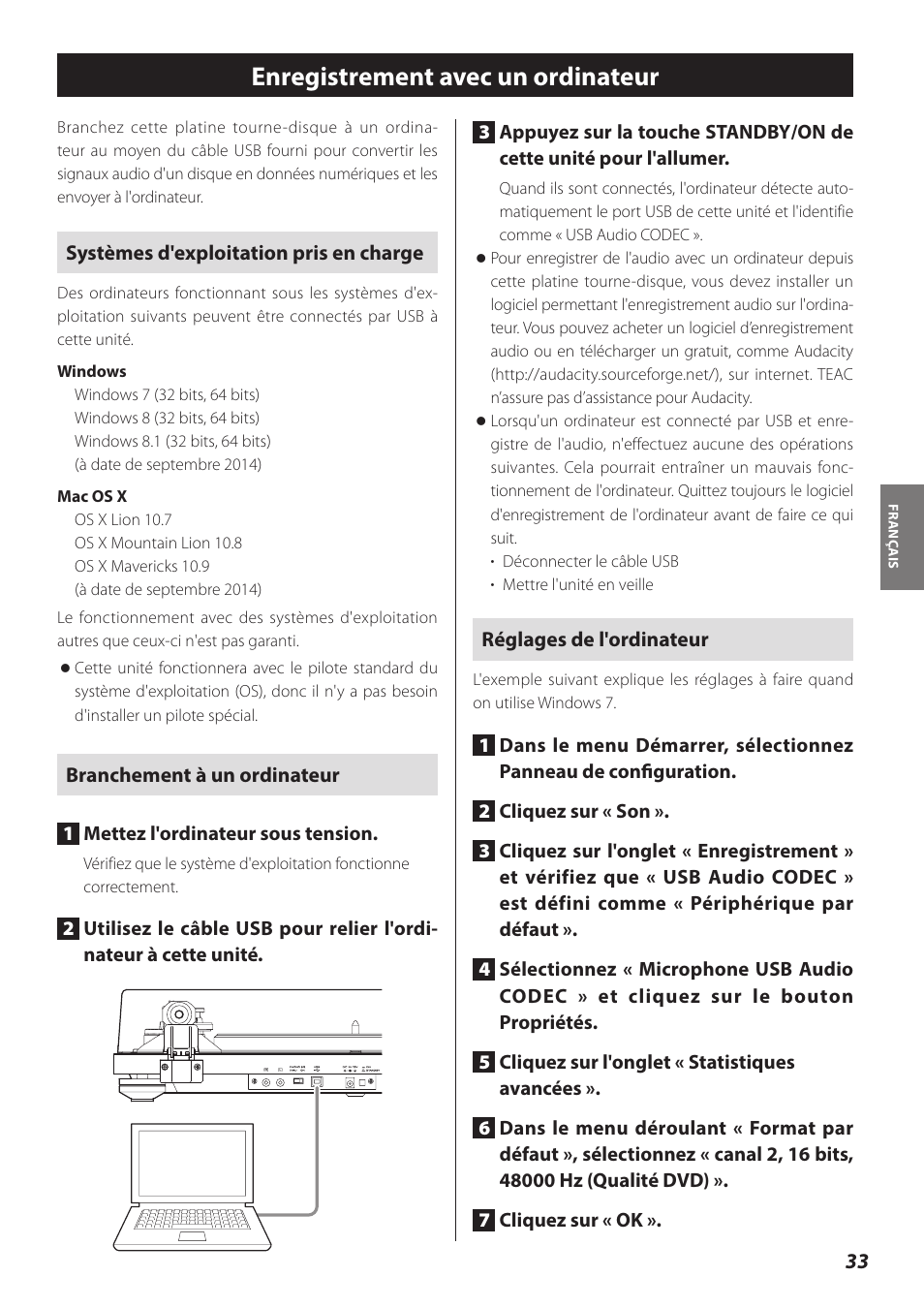 Enregistrement avec un ordinateur | Teac TN-300 User Manual | Page 33 / 116