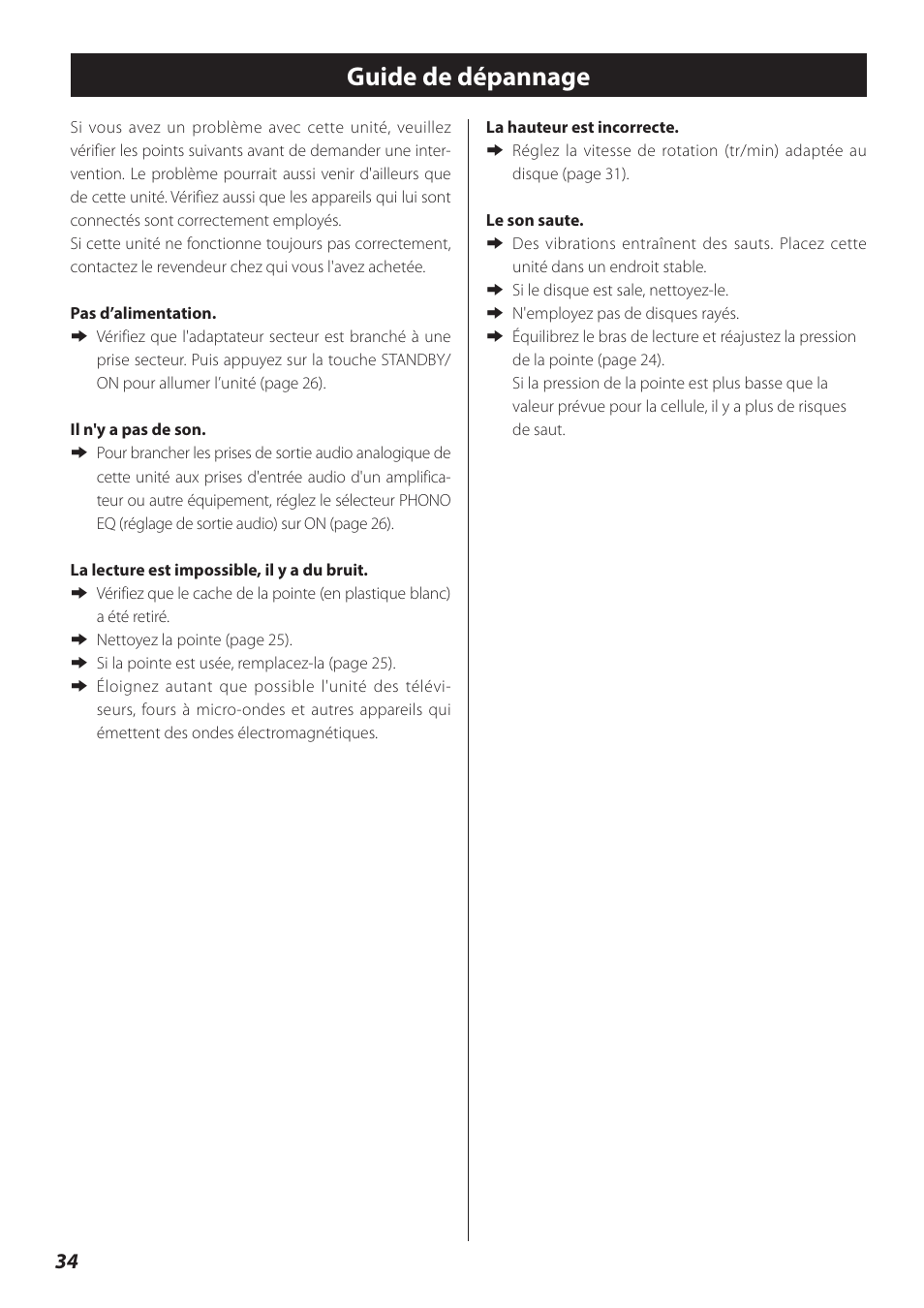 Guide de dépannage | Teac TN-300 User Manual | Page 34 / 116