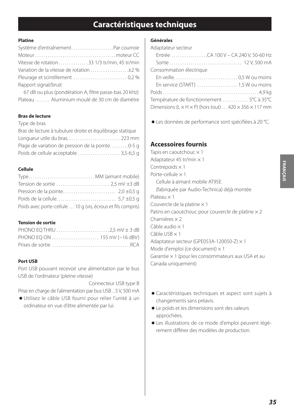 Caractéristiques techniques, Accessoires fournis | Teac TN-300 User Manual | Page 35 / 116