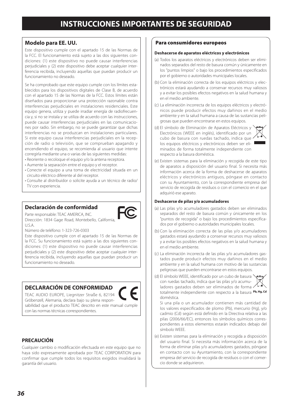 Español, Instrucciones importantes de seguridad, Declaración de conformidad | Modelo para ee. uu | Teac TN-300 User Manual | Page 36 / 116