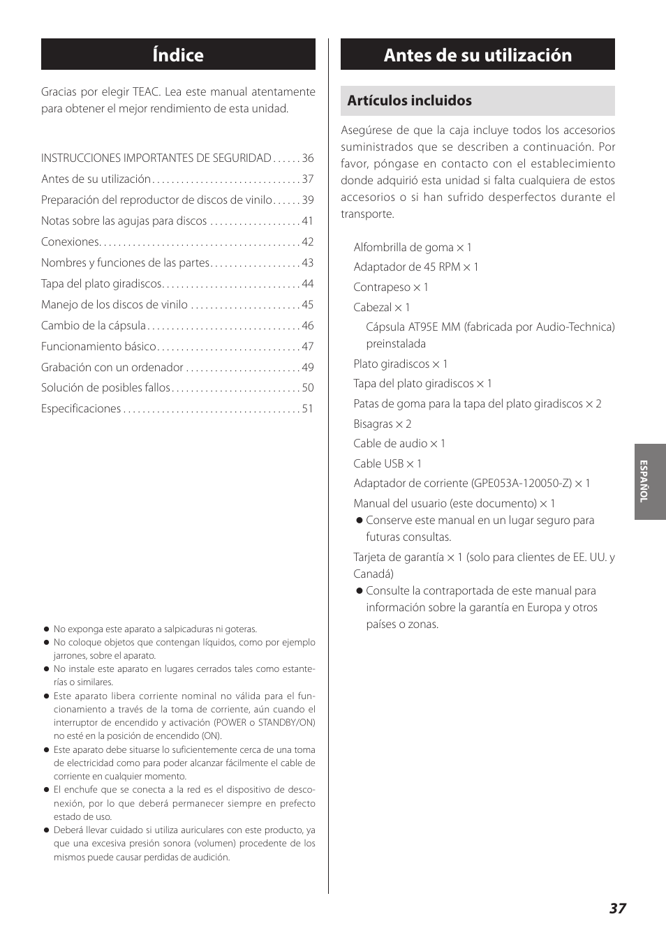 Antes de su utilización, Índice, Artículos incluidos | Teac TN-300 User Manual | Page 37 / 116