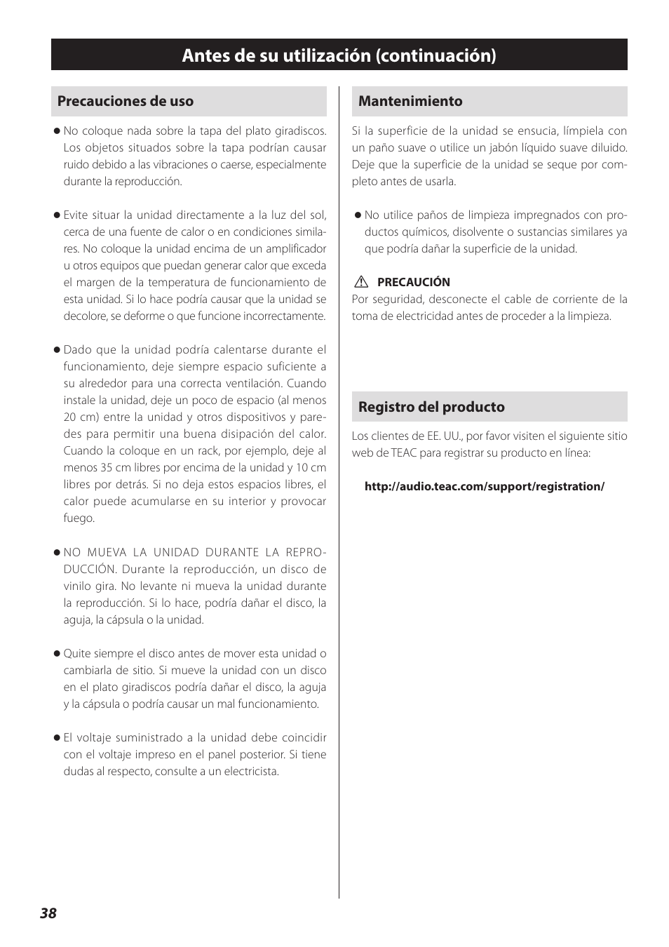 Antes de su utilización (continuación) | Teac TN-300 User Manual | Page 38 / 116