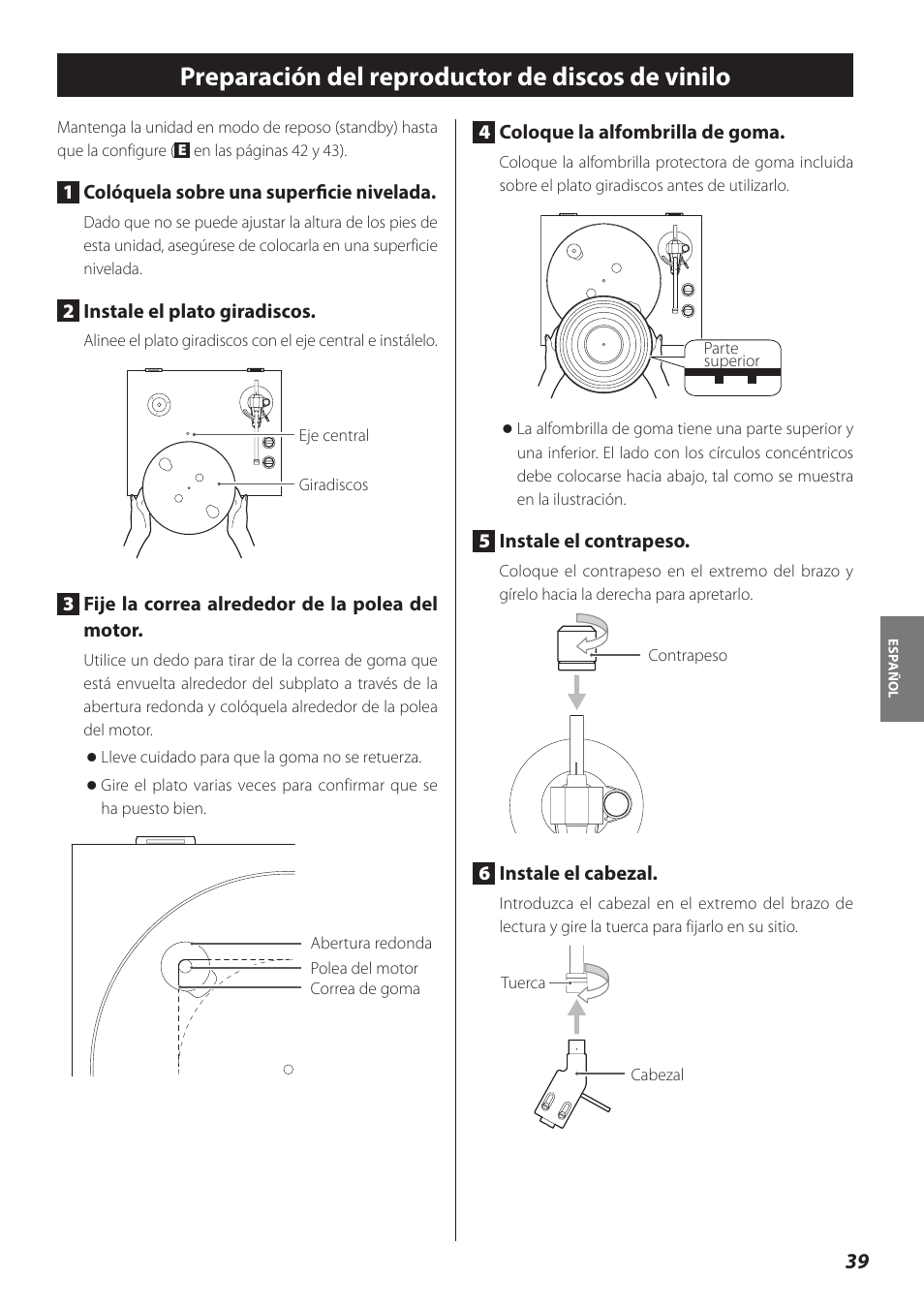 Preparación del reproductor de discos de vinilo | Teac TN-300 User Manual | Page 39 / 116