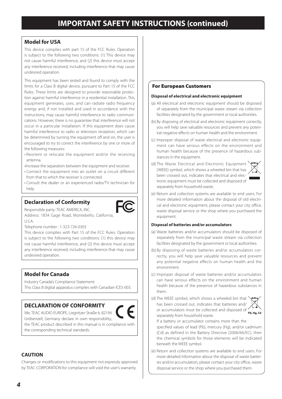 Important safety instructions (continued), Model for canada, Model for usa | Declaration of conformity | Teac TN-300 User Manual | Page 4 / 116