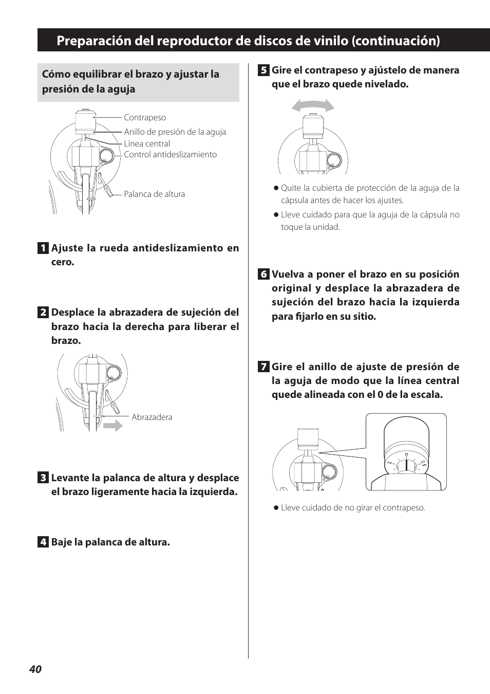 Abrazadera, O lleve cuidado de no girar el contrapeso | Teac TN-300 User Manual | Page 40 / 116