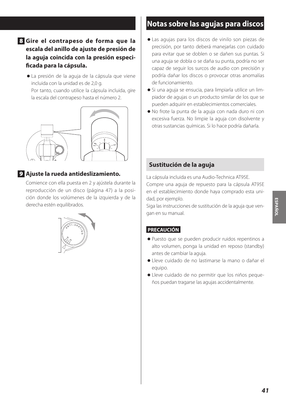 Notas sobre las agujas para discos, Sustitución de la aguja, 9ajuste la rueda antideslizamiento | Teac TN-300 User Manual | Page 41 / 116