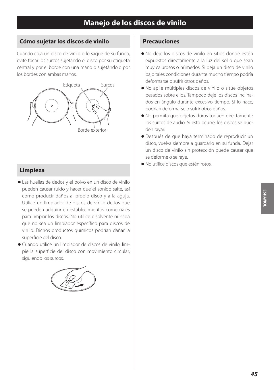 Manejo de los discos de vinilo, Cómo sujetar los discos de vinilo, Limpieza | Precauciones | Teac TN-300 User Manual | Page 45 / 116