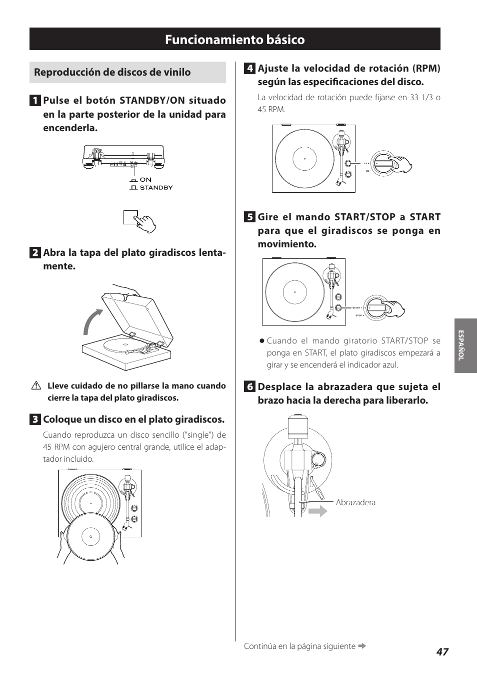 Funcionamiento básico, Reproducción de discos de vinilo, 3coloque un disco en el plato giradiscos | Teac TN-300 User Manual | Page 47 / 116