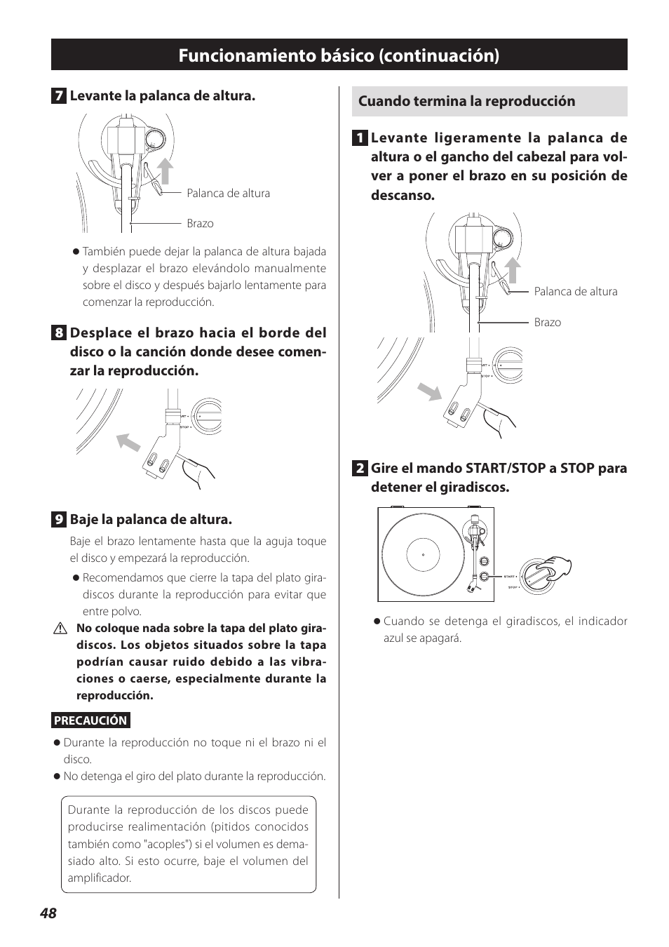 Funcionamiento básico (continuación), Cuando termina la reproducción, 7levante la palanca de altura | Teac TN-300 User Manual | Page 48 / 116