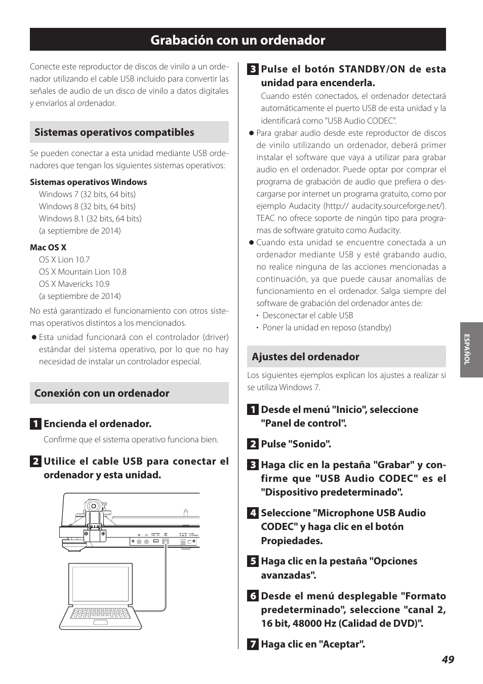 Grabación con un ordenador | Teac TN-300 User Manual | Page 49 / 116