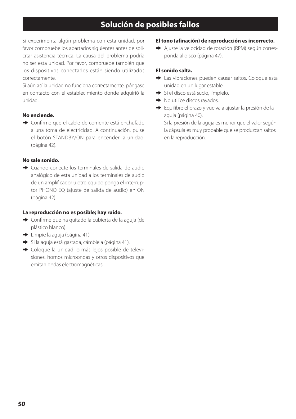 Solución de posibles fallos | Teac TN-300 User Manual | Page 50 / 116